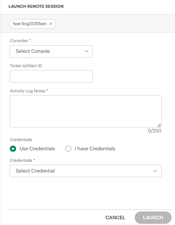 Launch remote session slide-out