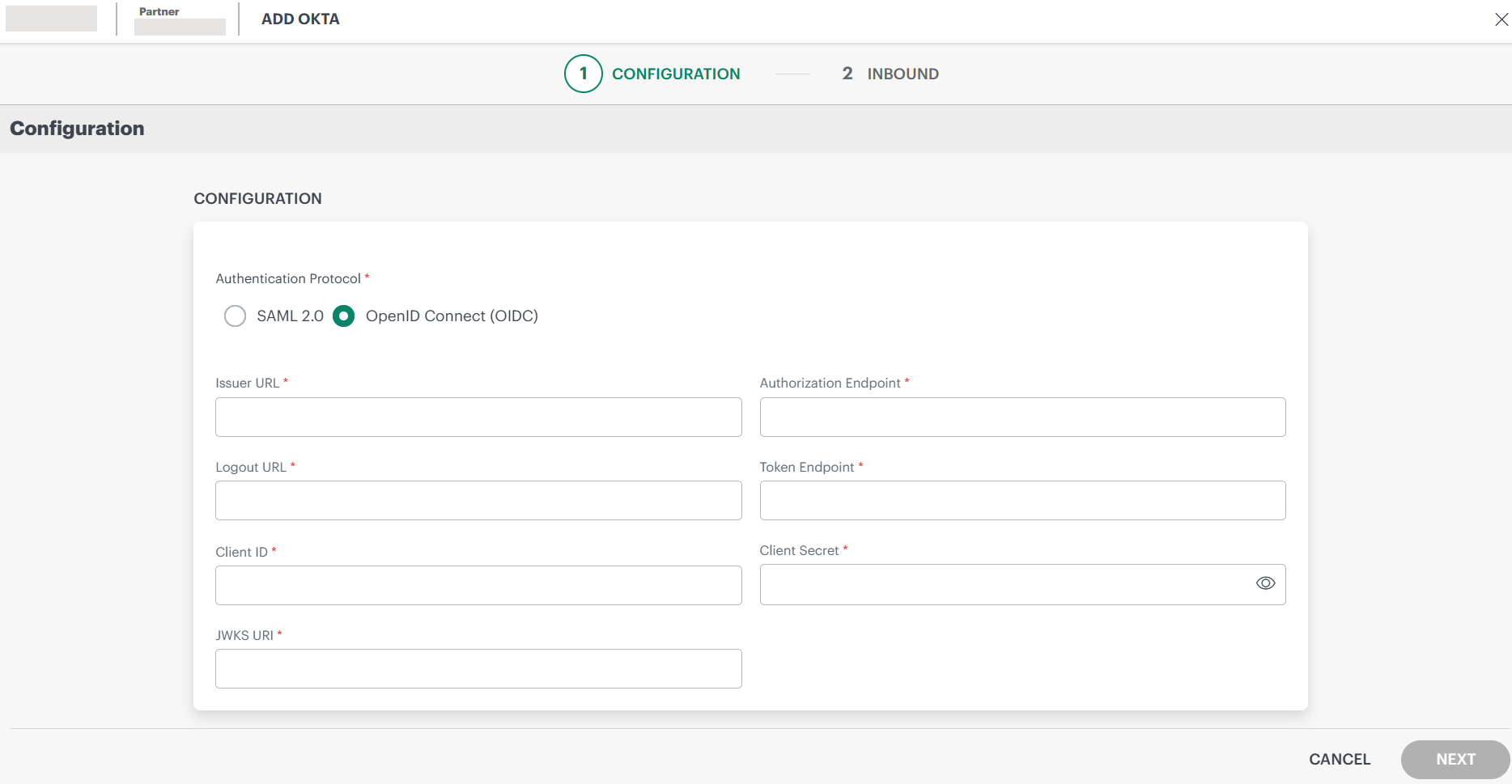 Okta OIDC configuration page