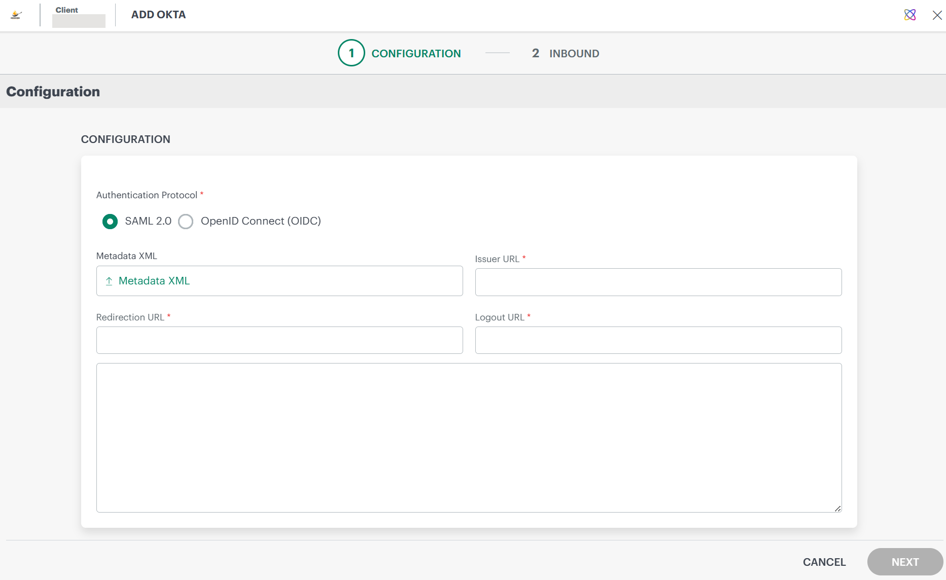 Okta configuration page