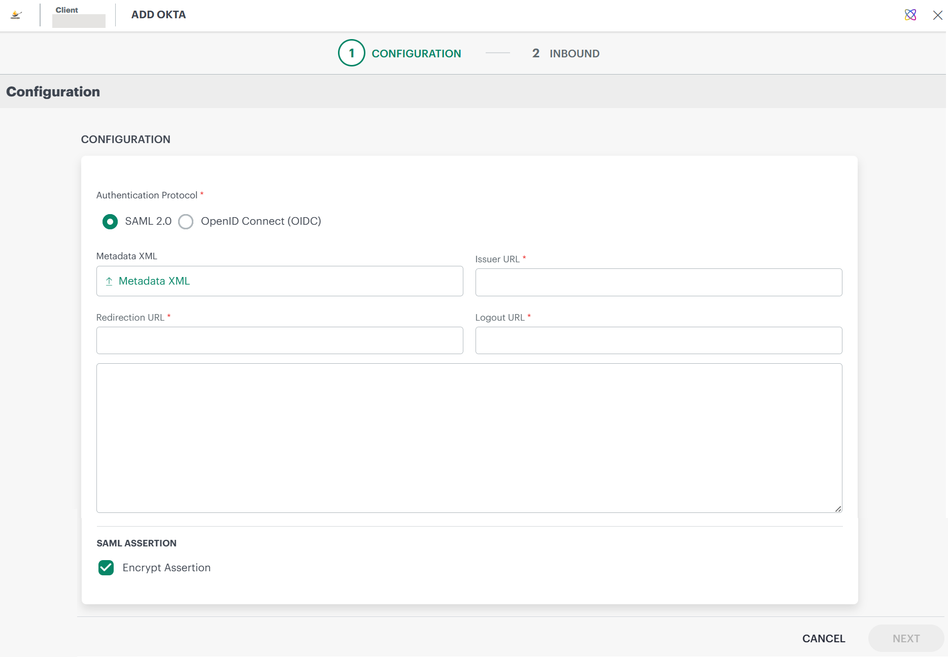 Okta configuration page