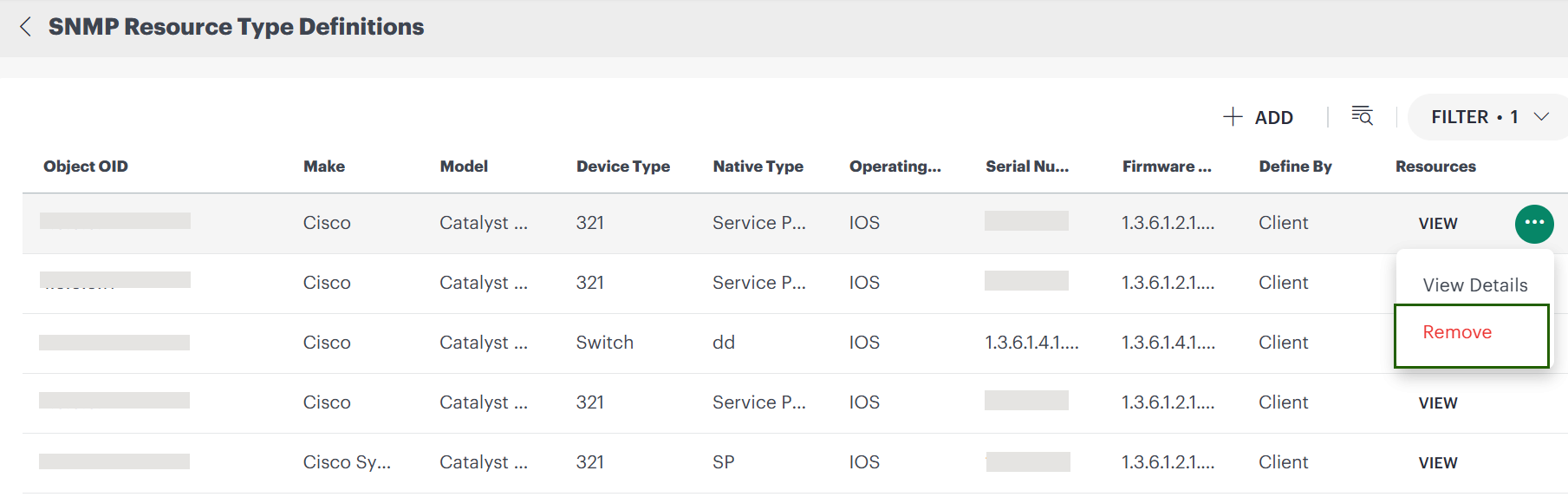 Remove SNMP Resource Type Definitions option