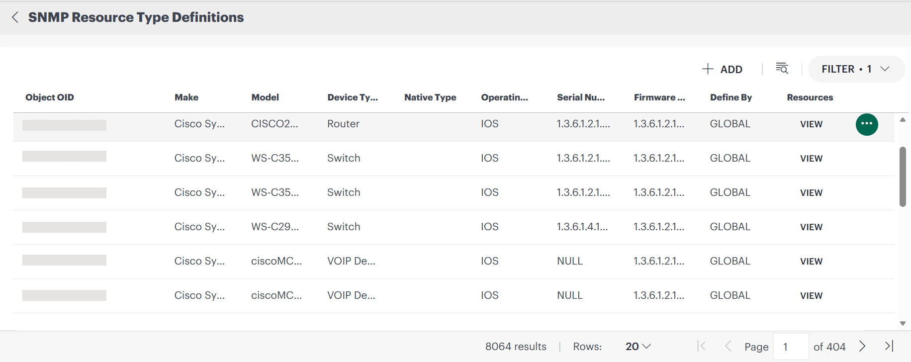 SNMP Resource Type Definitions listing page