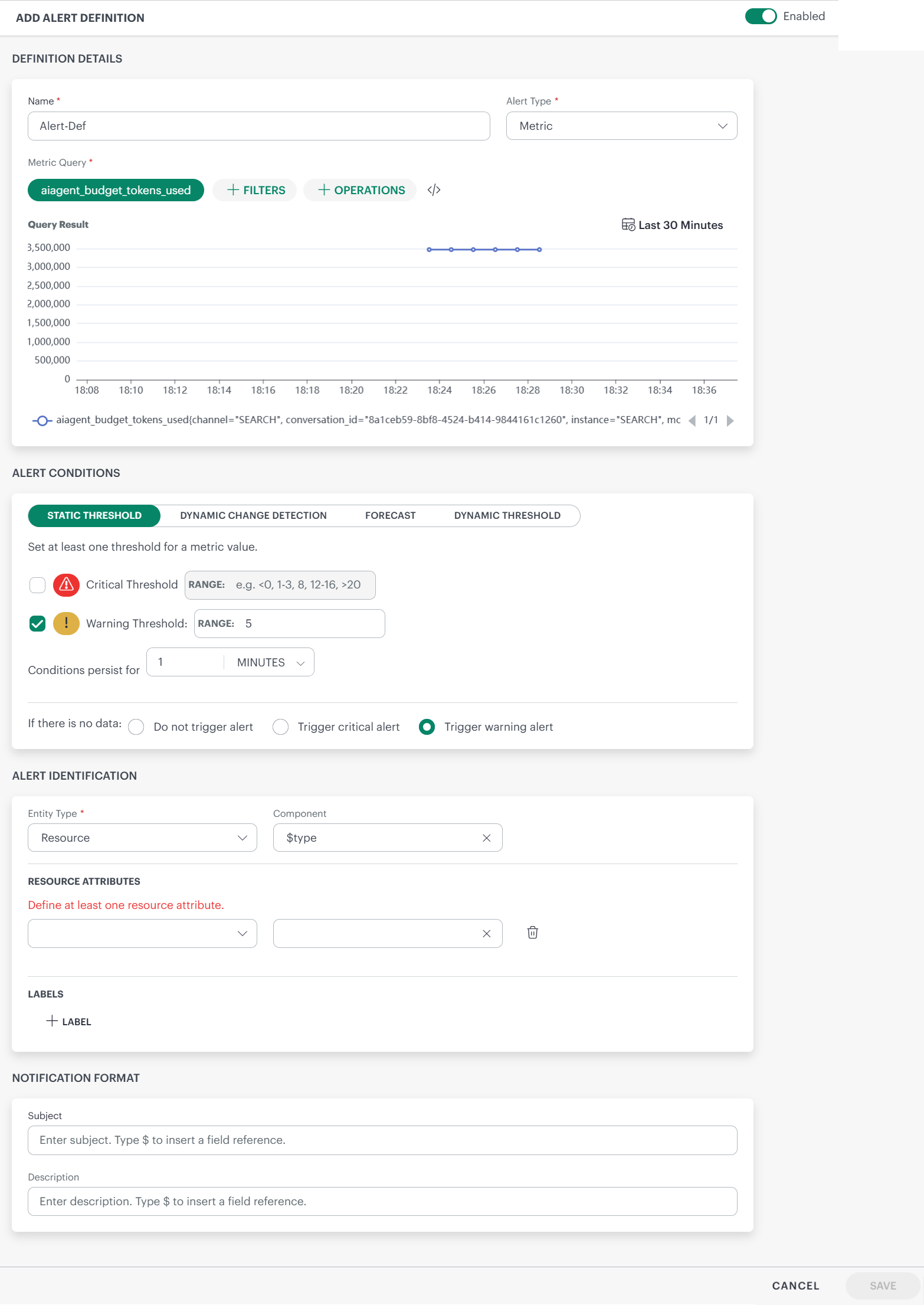Add Metric Alert Definitions screen