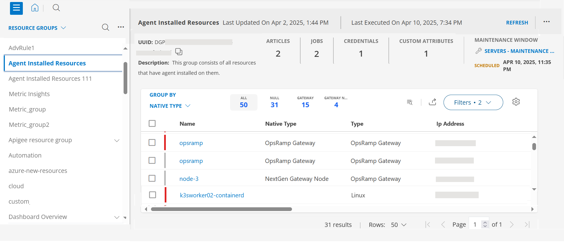 Groups listing screen