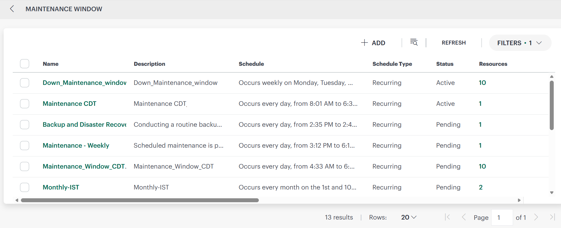Scheduled Maintenance listing page