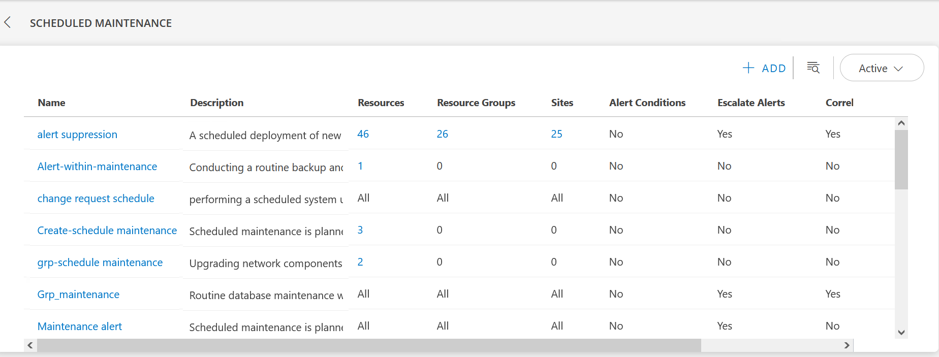 Scheduled Maintenance screen
