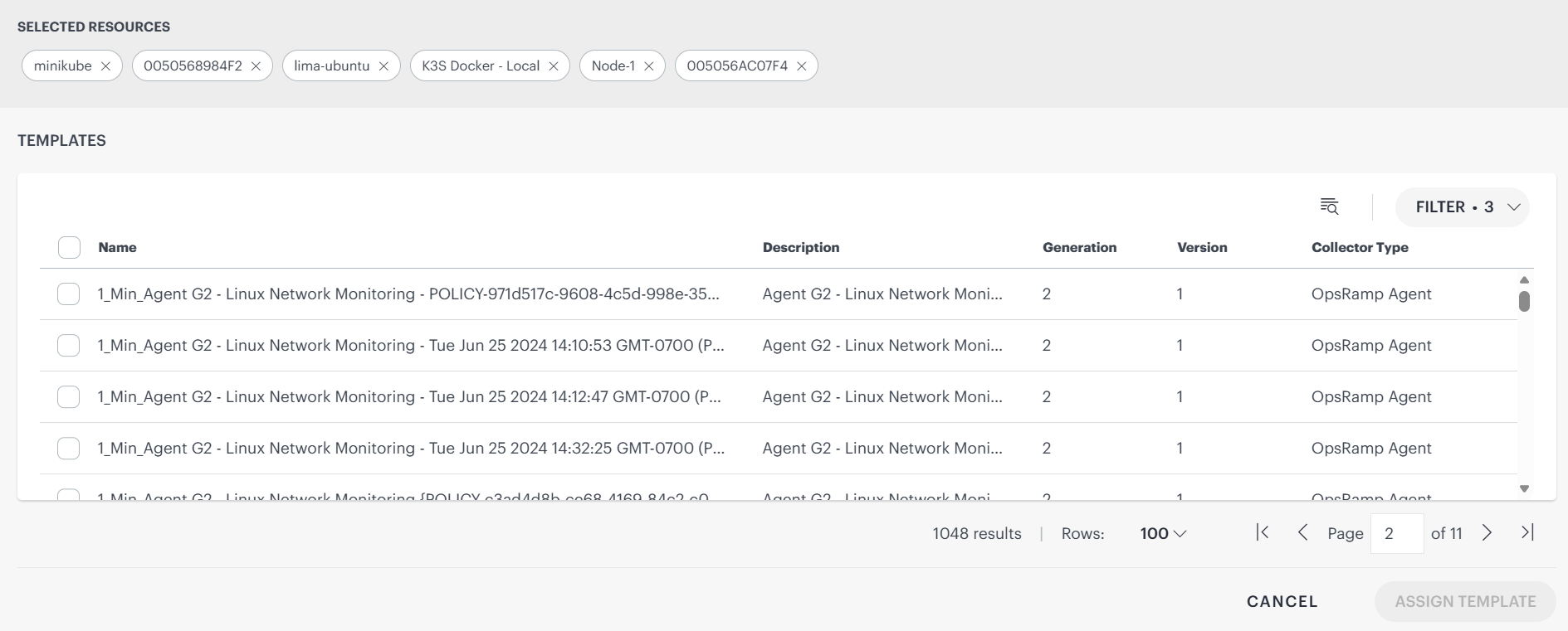 Templates listing screen