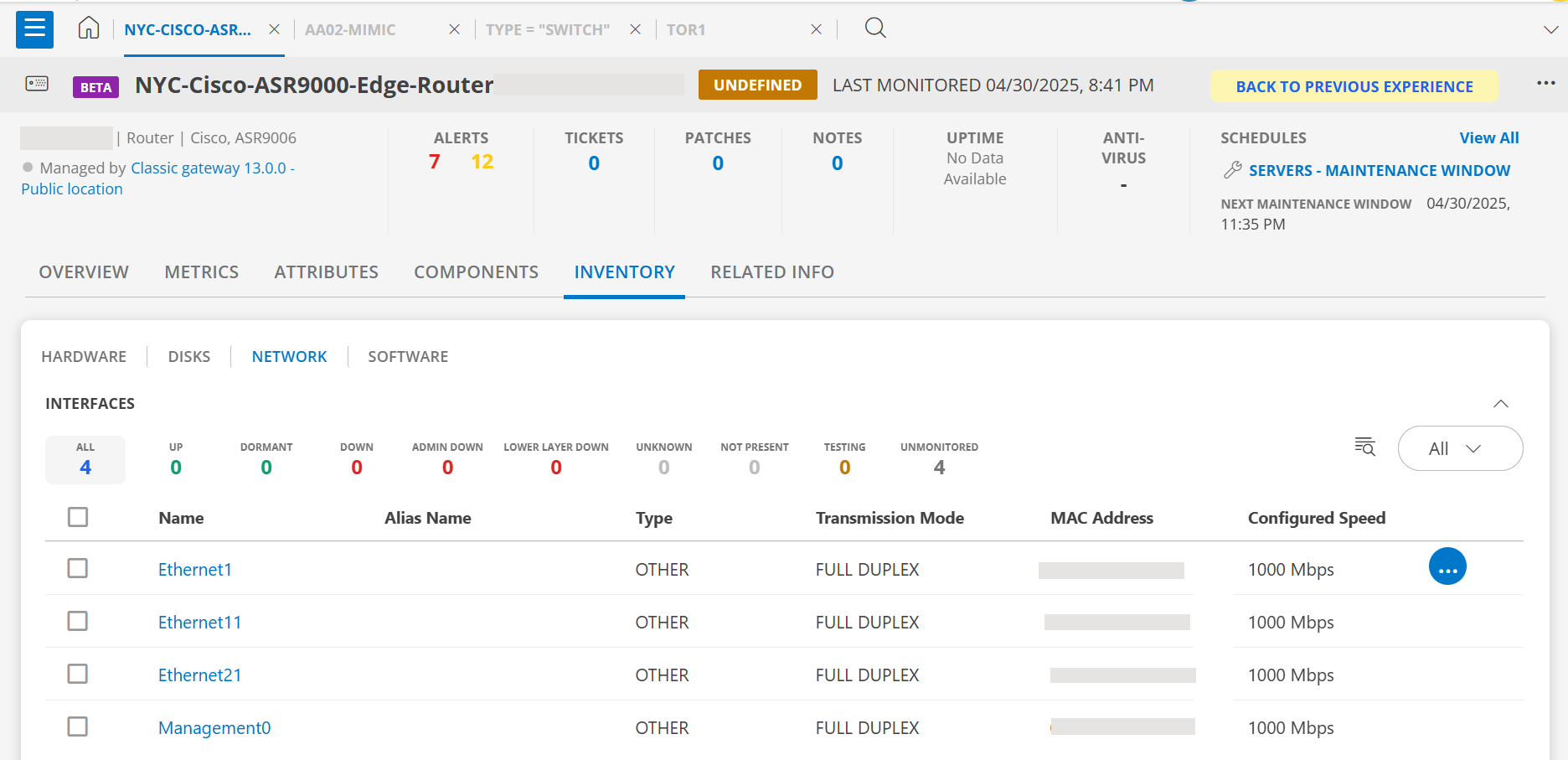 Network Interfaces screen