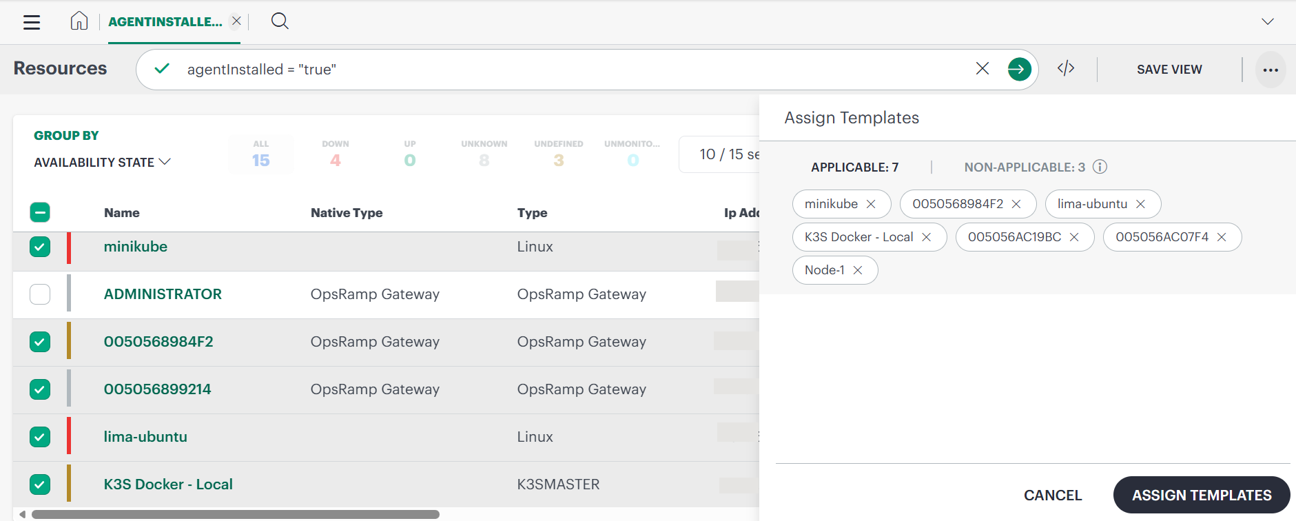 Select resources - Assign templates screen