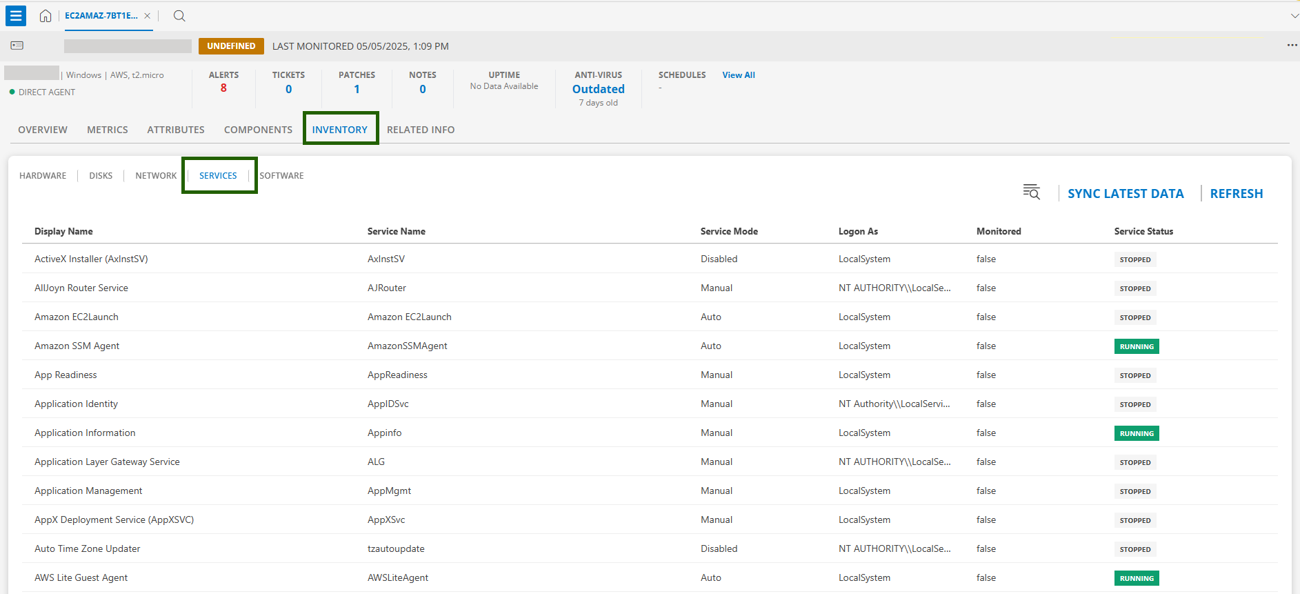 Services tab