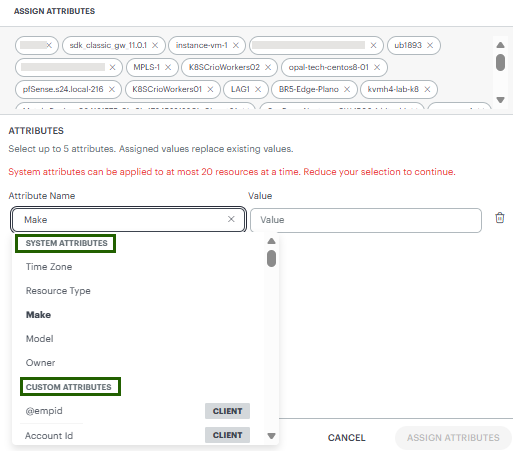 System and Custom Attributes dropdown