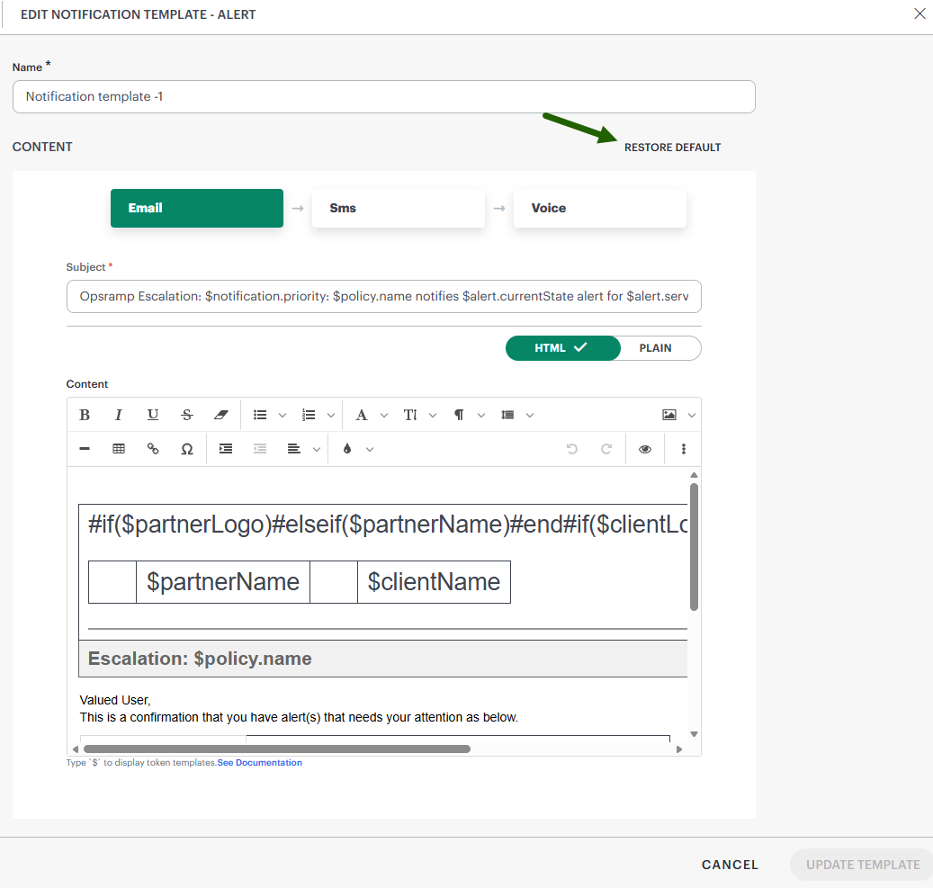 Notification template - Restore Default