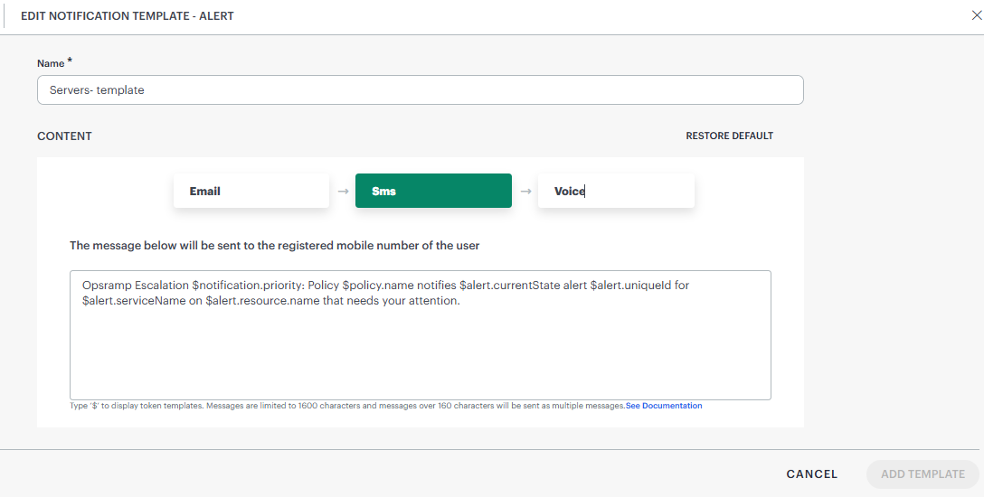 SMS template page
