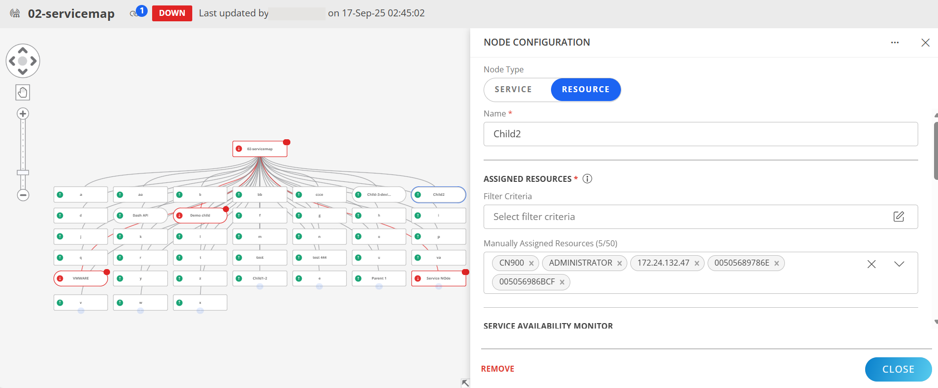 resource is assigned to service map