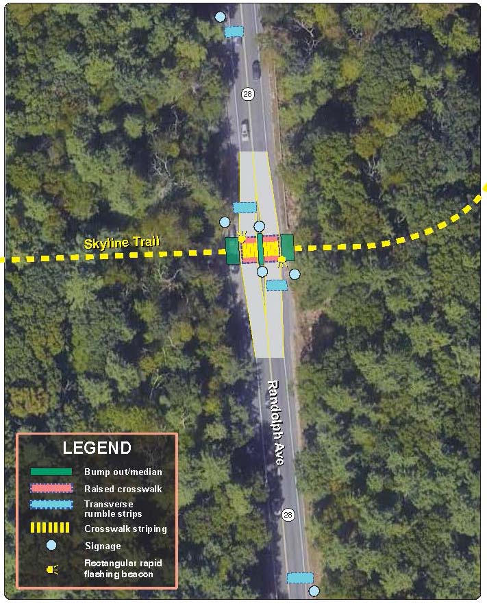 Figure 13: Skyline Trail Crossing of Route 28 Improvement Recommendations. This aerial view of the study area shows where MPO staff propose locating pedestrian bump outs, a median to serve as a pedestrian refuge island, a raised crosswalk, four sets of transverse rumble strips, crosswalk striping, signage, and two rectangular rapid flashing beacons.