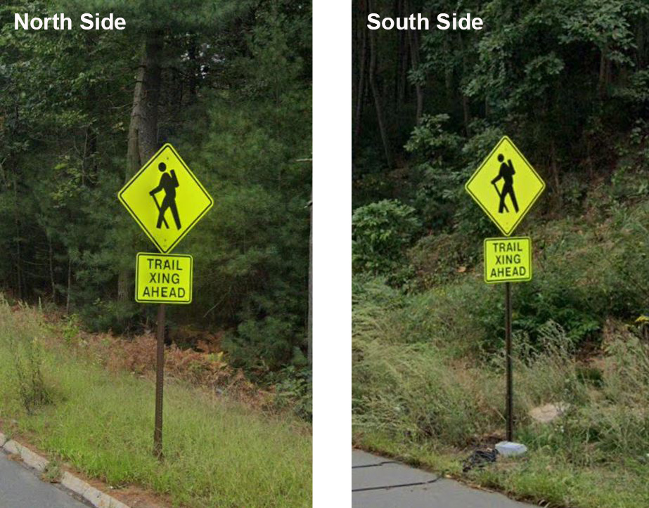 Figure 2: Hiking Trail Signs Accompanied by TRAIL XING AHEAD Text. This figure includes two pictures, each of TRAIL XING AHEAD signs, one facing oncoming Route 28 traffic on the north side of the Skyline Trail crossing and the other facing traffic on the south side of the crossing.