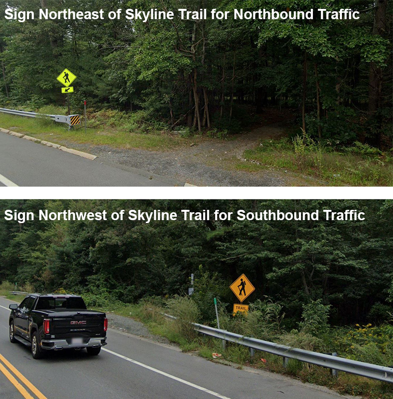 Figure 3: Hiking Trail Signs for Route 28 Traffic. This figure features two pictures, both of signs illustrating a hiker. The sign located northeast of the Skyline Trail, facing northbound traffic, is accompanied by an arrow. The sign located northwest of the Skyline Trail, facing southbound traffic, is accompanied by a sign with TRAIL XING text.