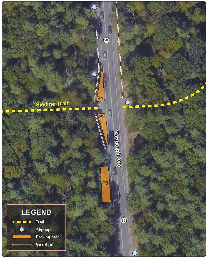 Figure 5: Skyline Trail Crossing of Route 28, Current Conditions. This aerial view of the study location illustrates where the Skyline Trail crosses Route 28, the location of existing signage, the placement of the current parking areas along the west side of the roadway, and locations where guardrails currently stand within the study area.
