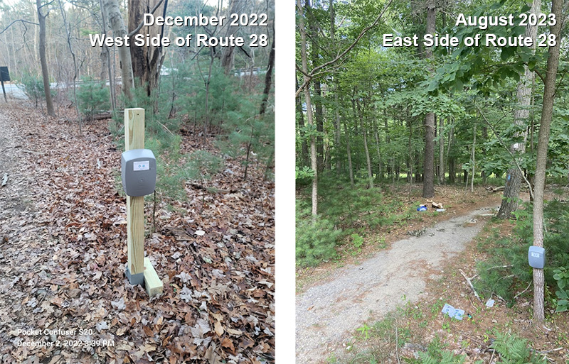 Figure 7: Count Sensor Installations. This figure features two pictures, both of an Eco-Counter Mobile MULTI pedestrian count sensor unit. One image shows the installation from December 2022 on the west side of Route 28, while the other documents where the count sensor was located in August 2023 on the east side of Route 28.