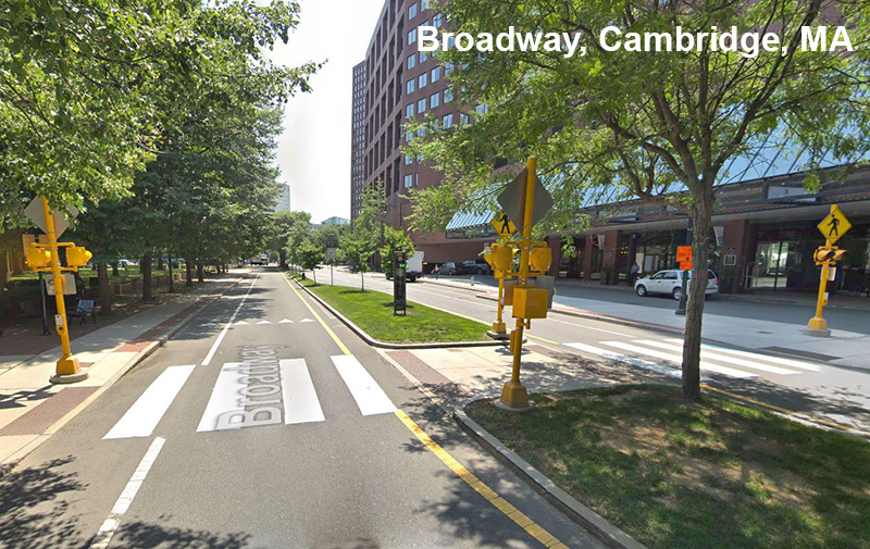 Figure 9: Median/Crossing Island/Pedestrian Refuge. This screenshot from Google Street View illustrates where a pedestrian refuge has been constructed between two lanes for vehicle travel on Broadway in Cambridge, Massachusetts.