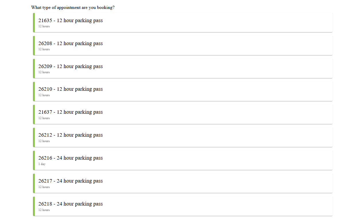 Parking pass reservation page showing available 12-hour passes for May 9–13 with ‘Book’ buttons on the right.