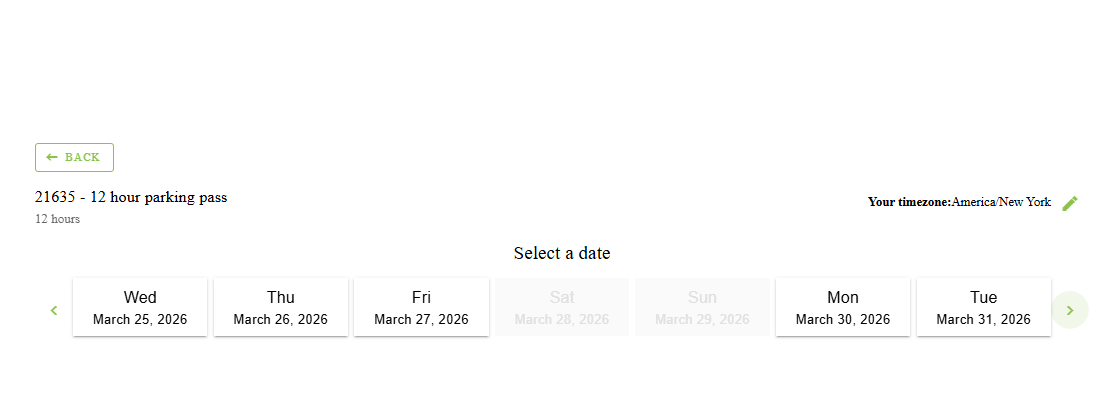 Parking pass reservation page showing available 12-hour passes for May 9–13 with ‘Book’ buttons on the right.