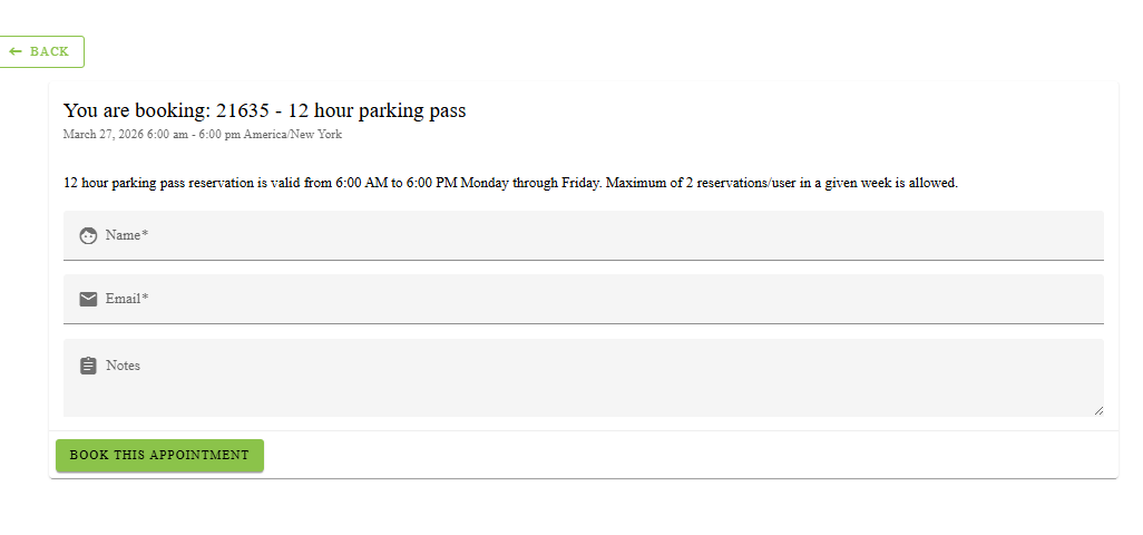 Parking pass reservation page showing available 12-hour passes for May 9–13 with ‘Book’ buttons on the right.