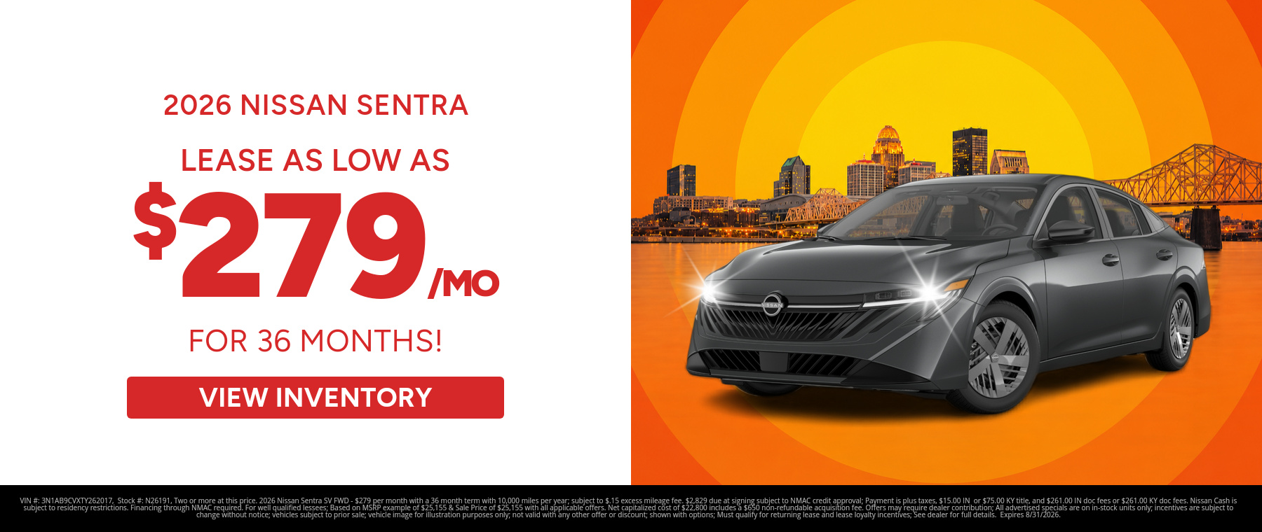 Best lease payments on a 2026 Nissan Sentra near Jeffersonville, Indiana
