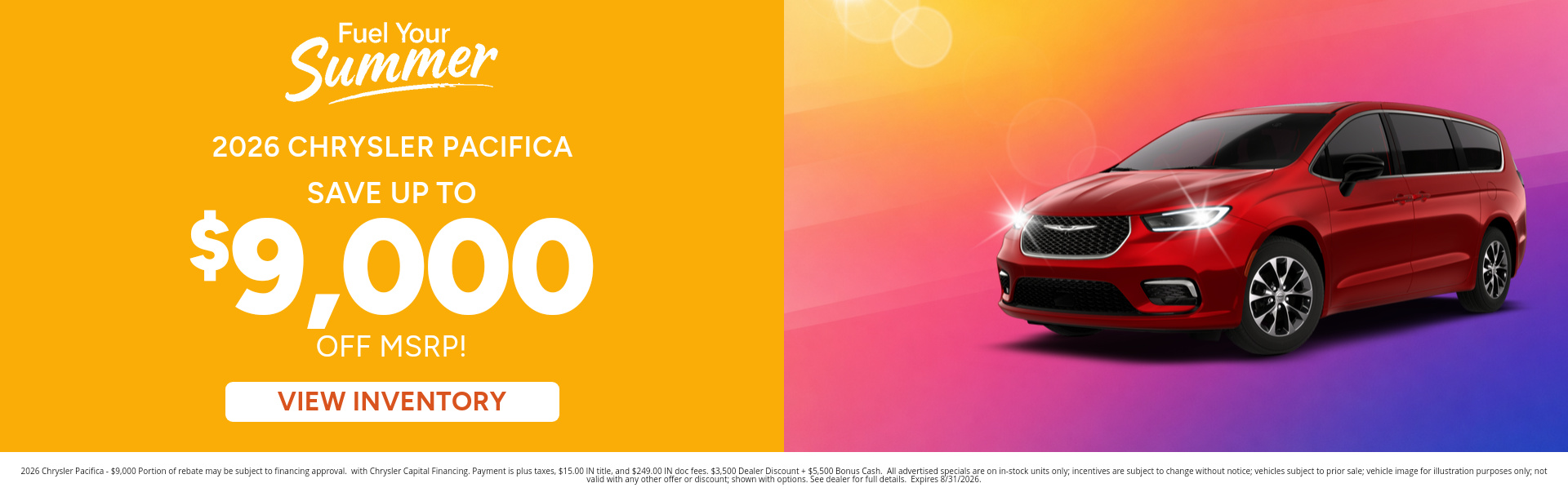 Rebate special on a 2026 Chrysler Pacifica near Kendallville, IN