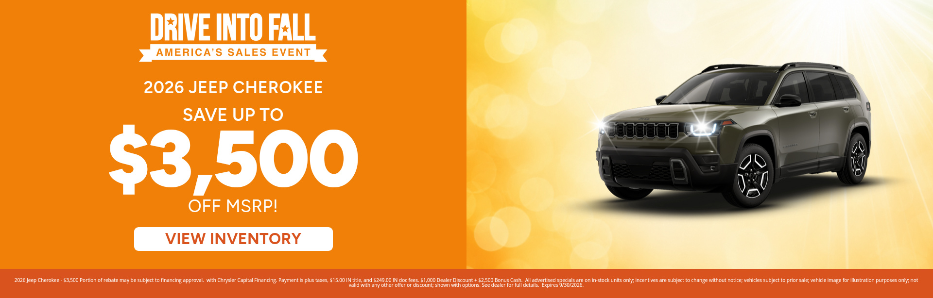 Rebate special on a 2026 Jeep Cherokee near Auburn, IN