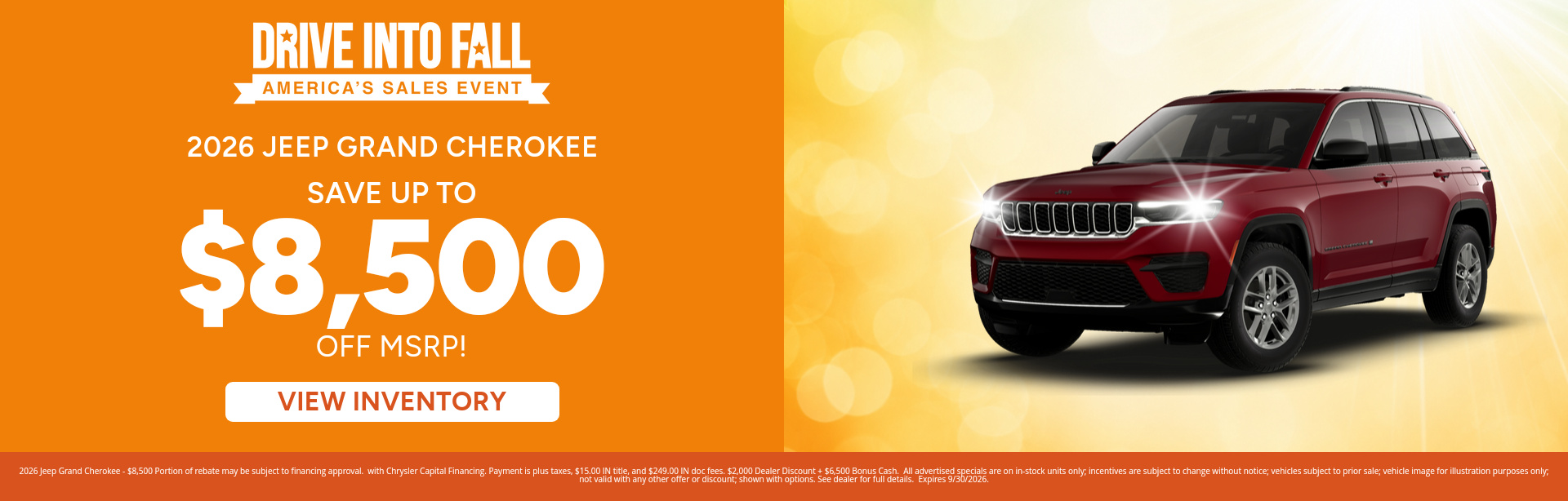 Rebate special on a 2026 Jeep Grand Cherokee near Fort Wayne, IN