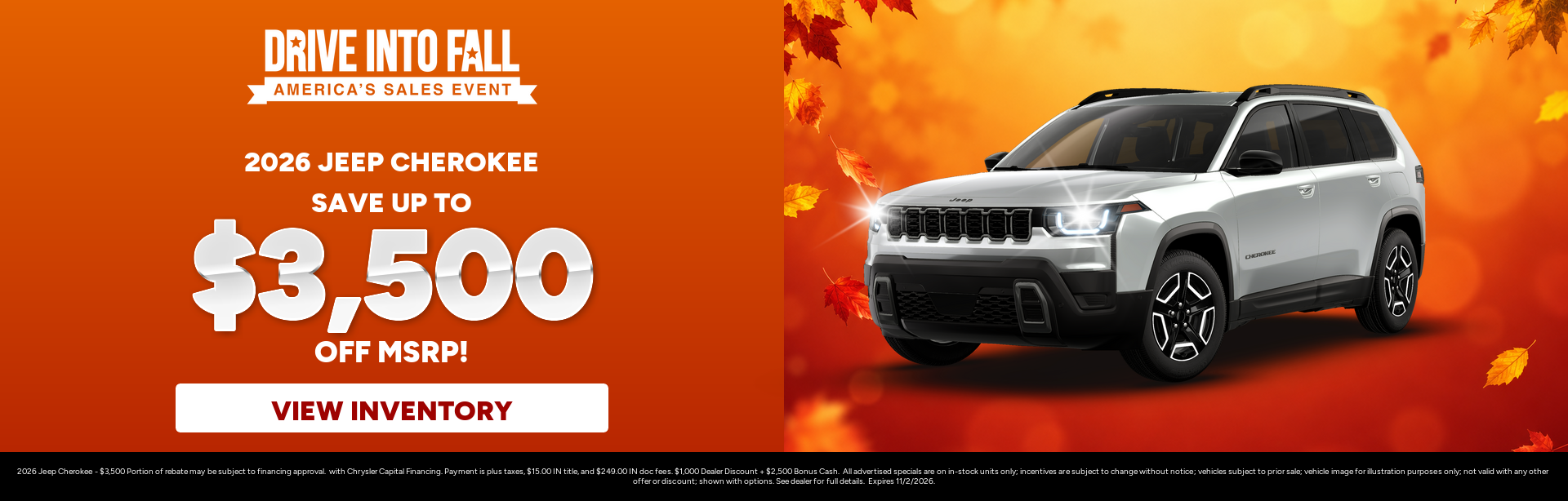 Rebate special on a 2026 Jeep Cherokee near Fort Wayne, IN