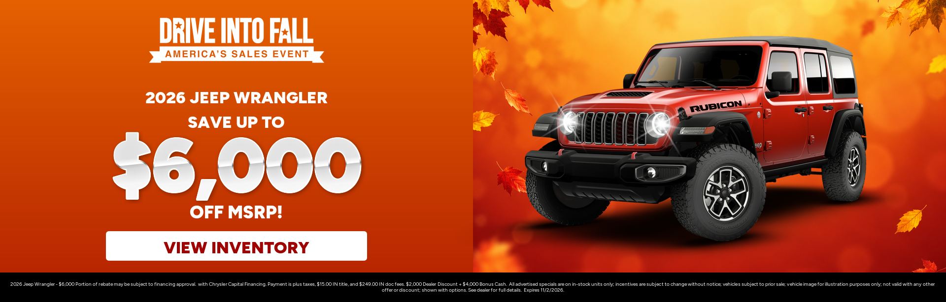 Rebate special on a 2026 Jeep Wrangler near Fort Wayne, Indiana