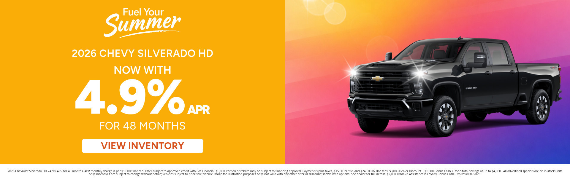 Save on a new 2026 Chevrolet Silverado HD with this special offer near Warsaw, Indiana