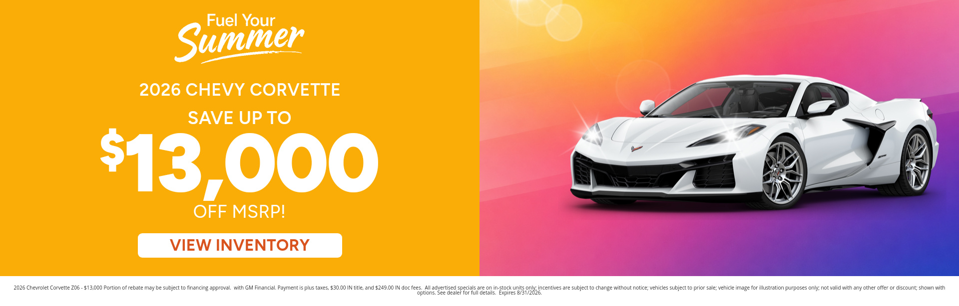 Rebate special on a 2026 Chevrolet Corvette near Logansport, IN