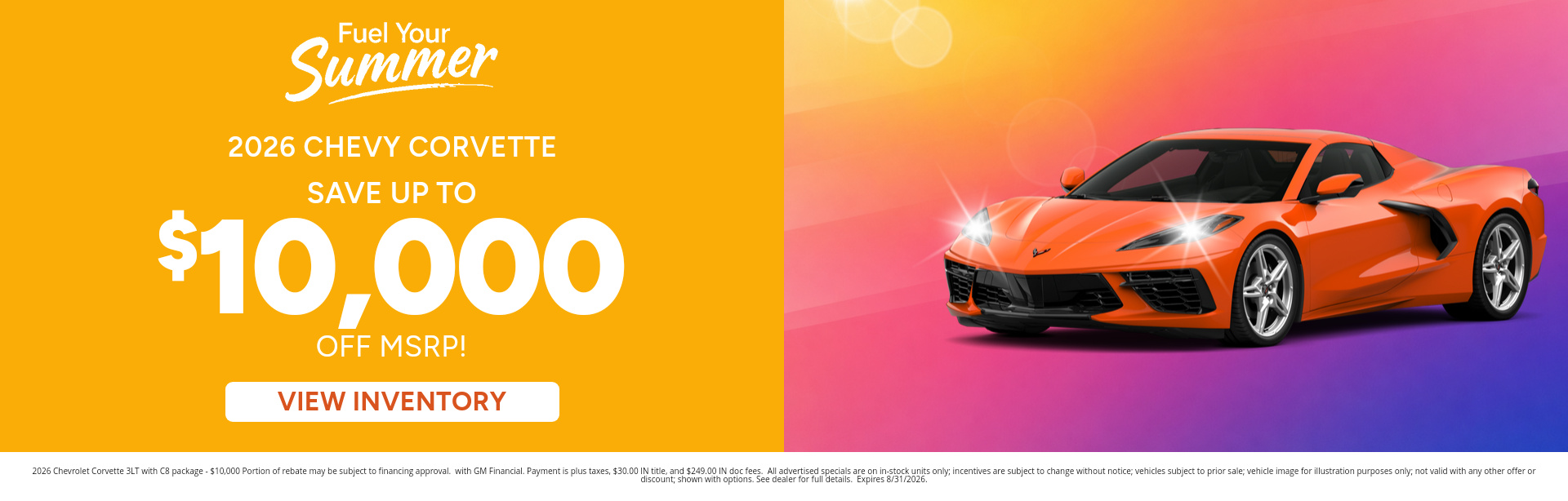 Rebate special on a 2026 Chevrolet Corvette near Rochester, IN