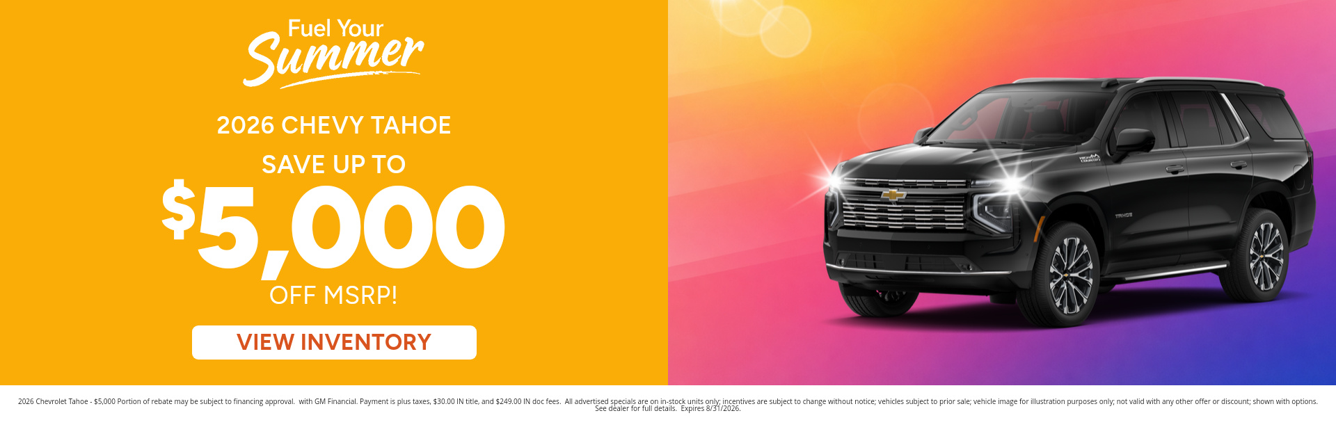 Rebate special on a 2026 Chevrolet Tahoe near Warsaw, Indiana