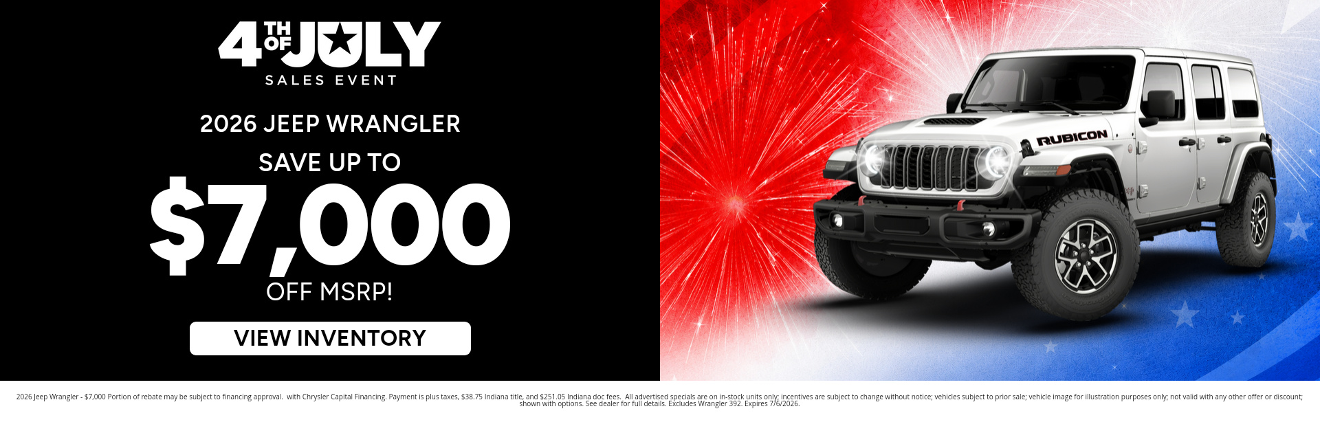 Rebate special on a 2026 Jeep Wrangler near Lafayette, Indiana