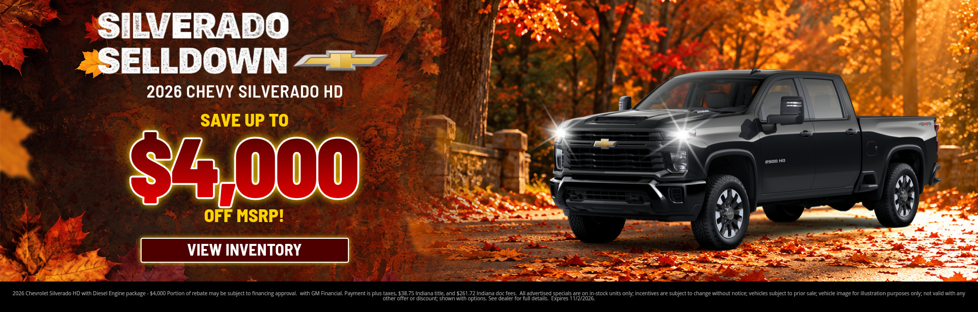 Rebate special on a 2026 Chevrolet Silverado HD near Cloverdale, Indiana