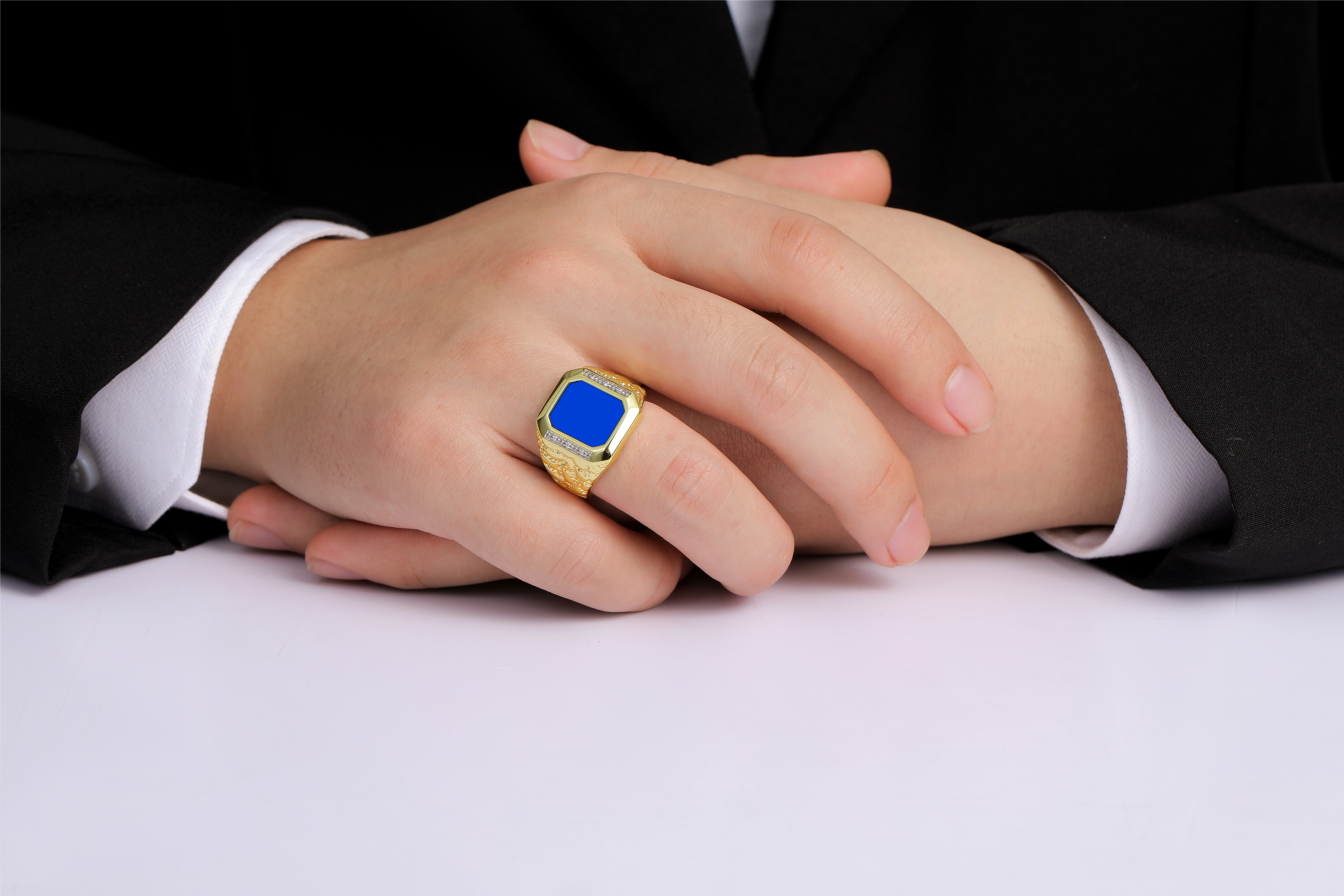 Rylos 925 Yellow Gold Plated Silver Blue Quartz Shape Designer Ring Size 8-13 - Picture 2 of 5