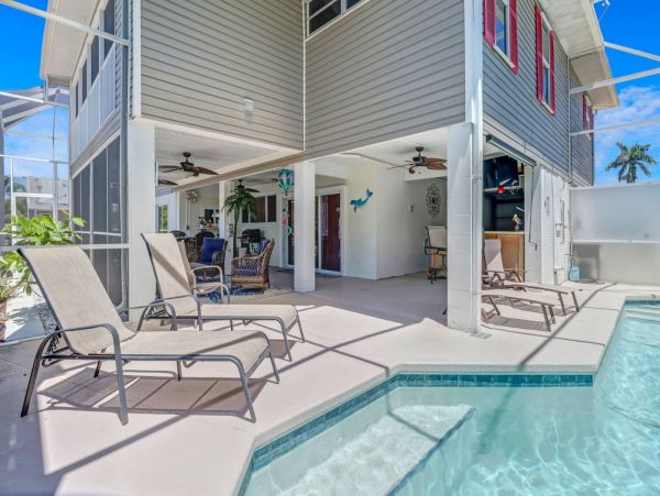 Great Outdoor Living Space with TV, Heated Pool & Outdoor Grill