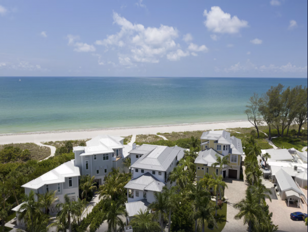 Aerial view of Longboat Luxury home and Gulf of Mexico.
