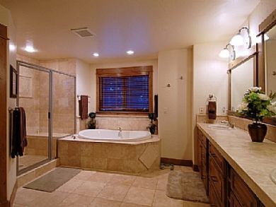 Master bathroom with tub, walk-in shower & TV