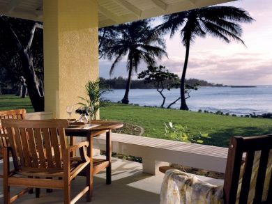 Ocean front patio with table set