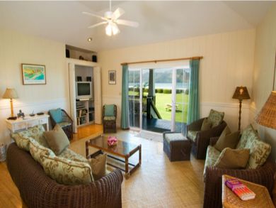 Living room with porch & ocean view