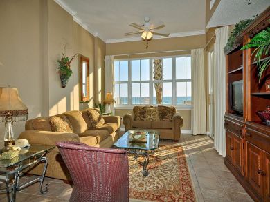 Beach view living area with TV