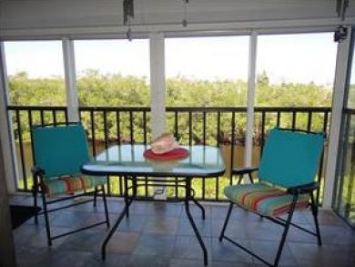 Screened balcony with table set Screened balcony with table set