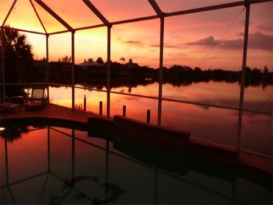 Pool & lake view at night