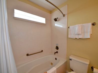 Master bathroom with shower in tub