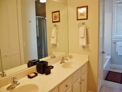 Master bathroom with dual vanity, tub & walk-in shower